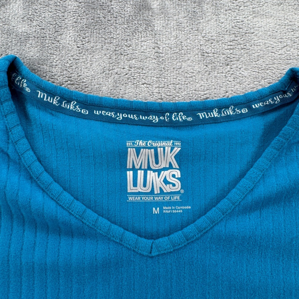 Muk Luks Womens Teal Blue Ribbed V-Neck Short Sleeve Pocket T-Shirt Size M - Picture 6 of 7